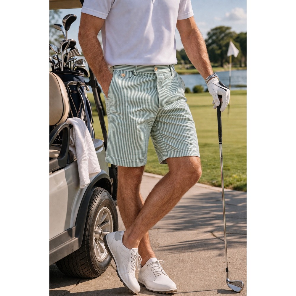 Polo Ralph Lauren Green White Seersucker Striped Cotton Preppy Shorts Golf Sz 38
